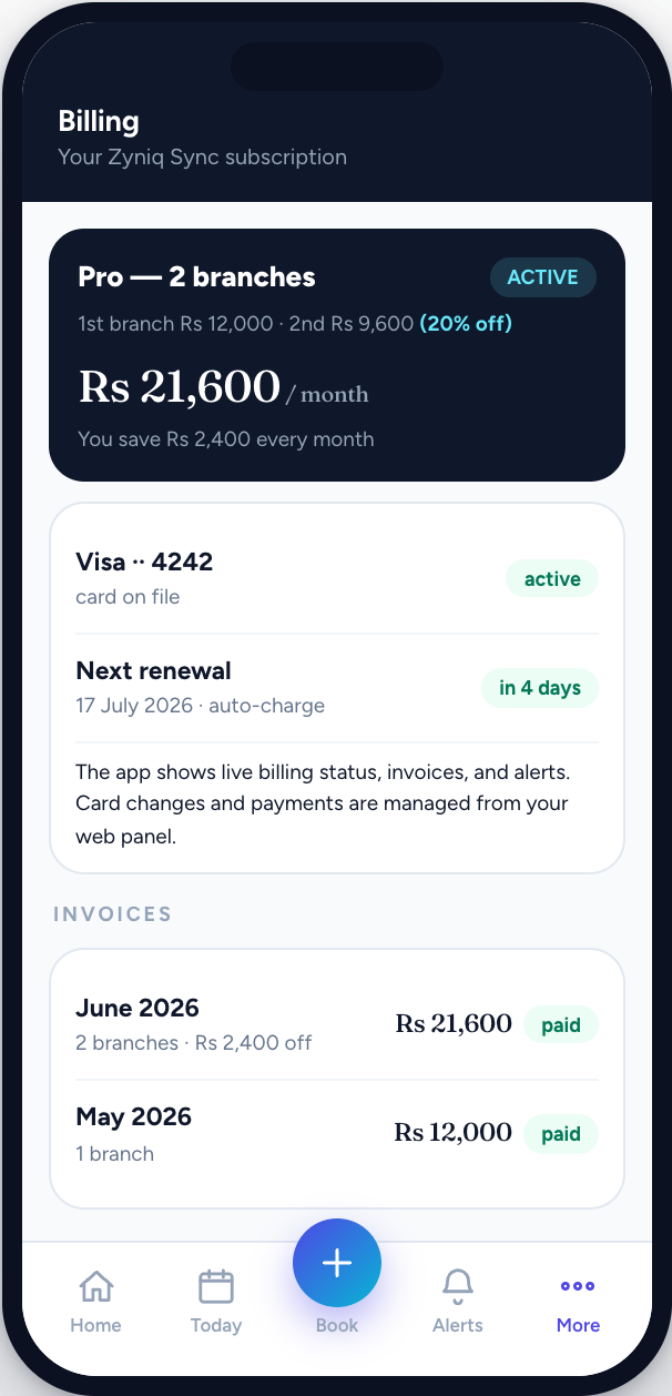Zyniq Sync owner app — Billing status
