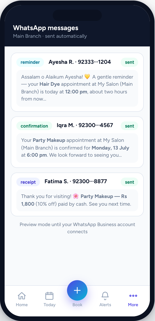 Zyniq Sync owner app — WhatsApp log