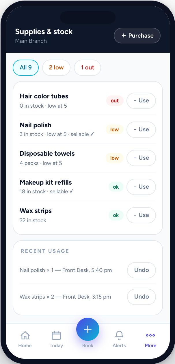 Zyniq Sync owner app — Supplies & stock